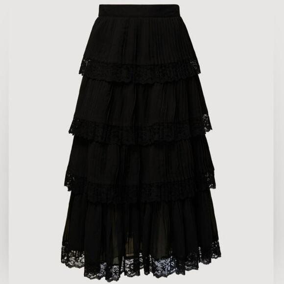 NWT Rachel Parcell Tiered Pleated Skirt with Lace Trim In Black - Picture 1 of 7